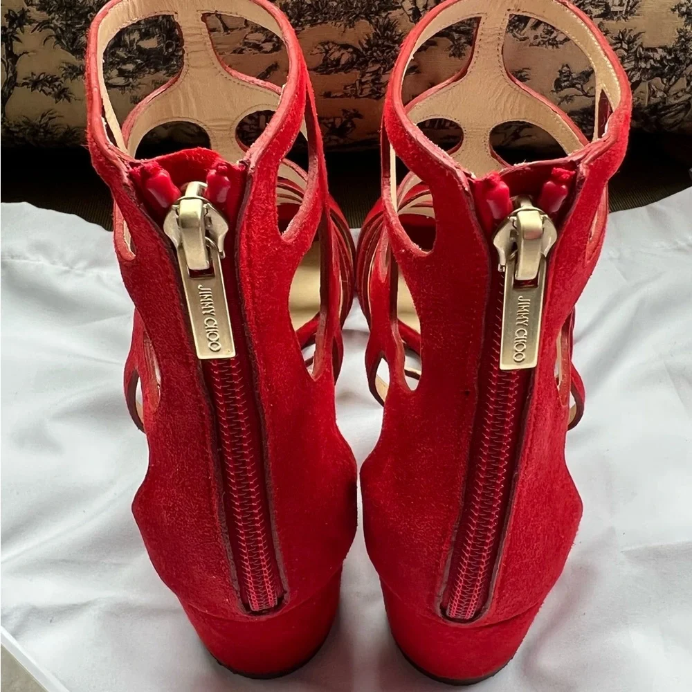 JIMMY CHOO Ren 35MM Red Suede Cage Sandals Zipper Shoes Heels Gladiator37 6.5 7